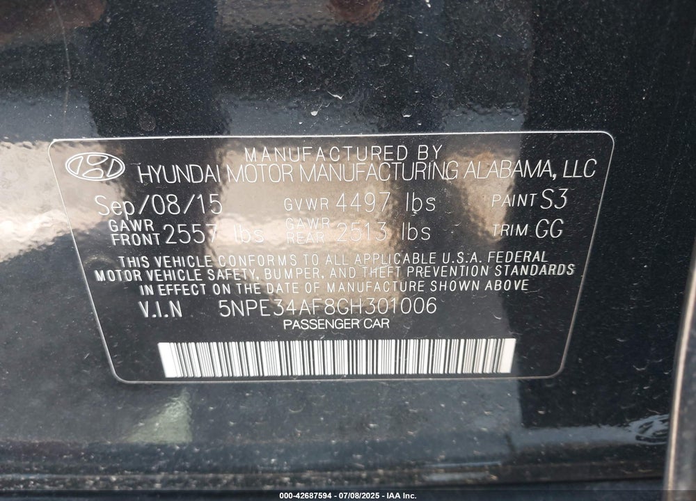 2016 HYUNDAI SONATA LIMITED VIN: 5NPE34AF8GH301006