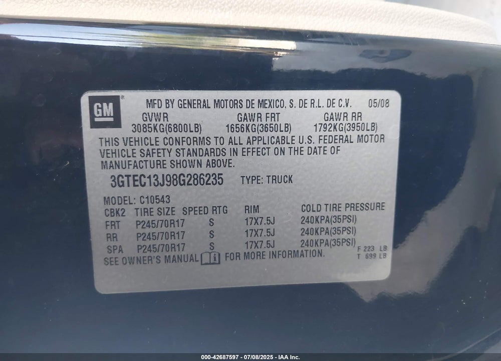 2008 GMC SIERRA 1500 VIN: 3GTEC13J98G286235