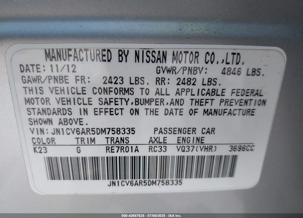 2013 INFINITI G37 VIN: JN1CV6AR5DM758335