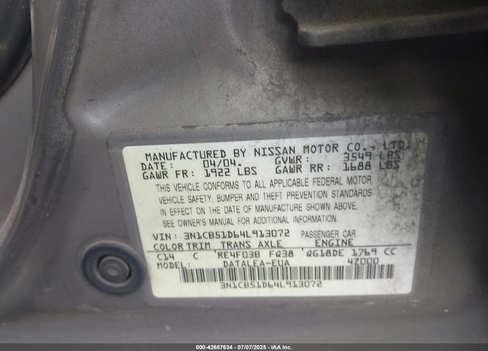 2004 NISSAN SENTRA 1.8S VIN: 3N1CB51D64L913072