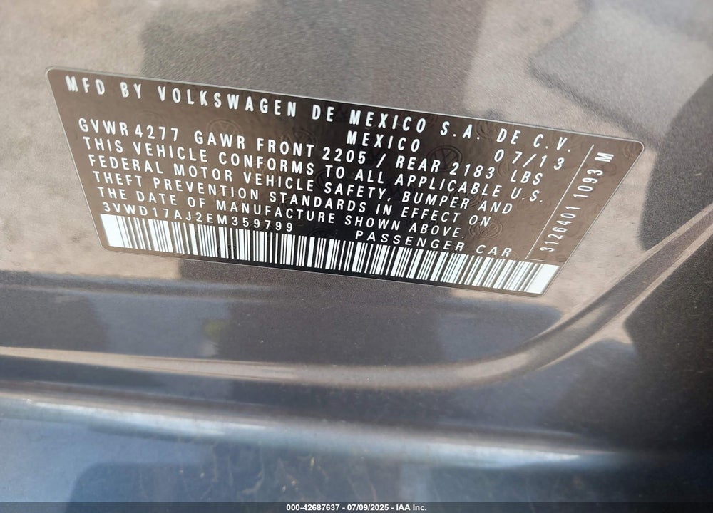 2014 VOLKSWAGEN JETTA VIN: 3VWD17AJ2EM359799