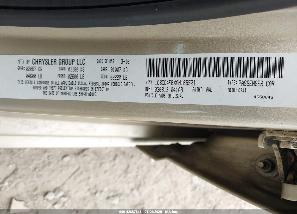 2010 CHRYSLER SEBRING VIN: 1C3CC4FBXAN165521