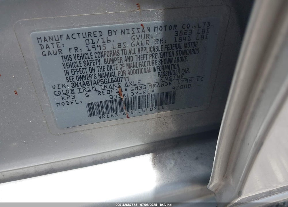 2016 NISSAN SENTRA VIN: 3N1AB7AP5GL640711