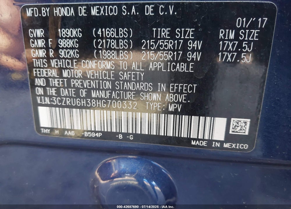 2017 HONDA HR-V VIN: 3CZRU6H38HG700332