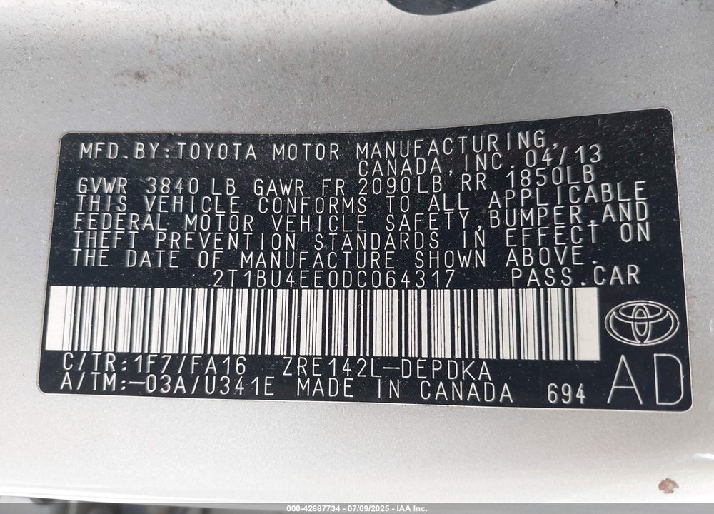2013 TOYOTA COROLLA VIN: 2T1BU4EE0DC064317