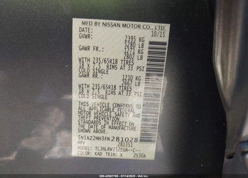 2015 NISSAN MURANO VIN: 5N1AZ2MH3FN281028