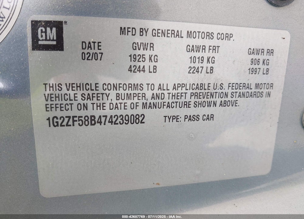 2007 PONTIAC G6 VALUE LEADER VIN: 1G2ZF58B474239082