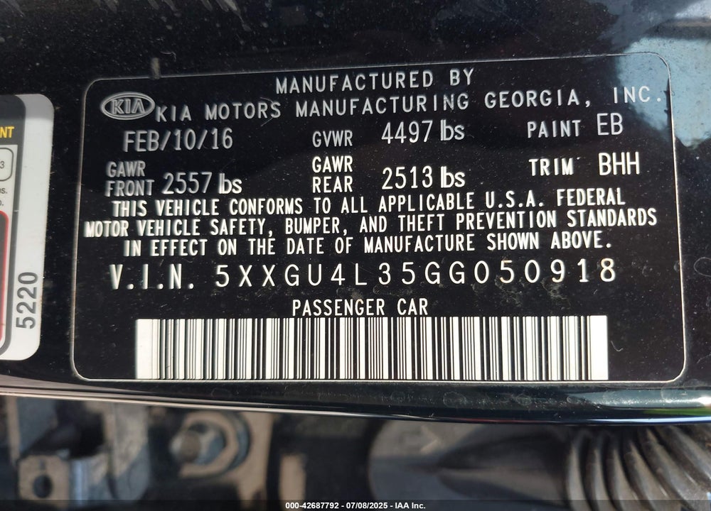 2016 KIA OPTIMA VIN: 5XXGU4L35GG050918