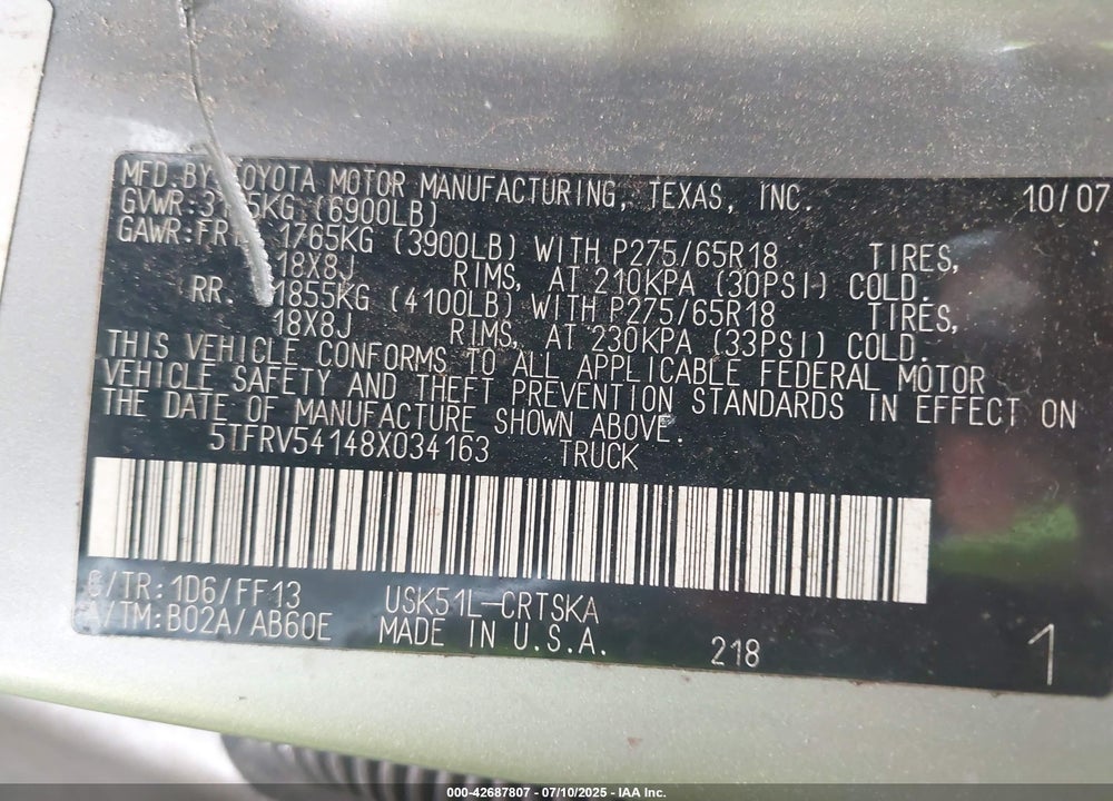 2008 TOYOTA TUNDRA VIN: 5TFRV54148X034163