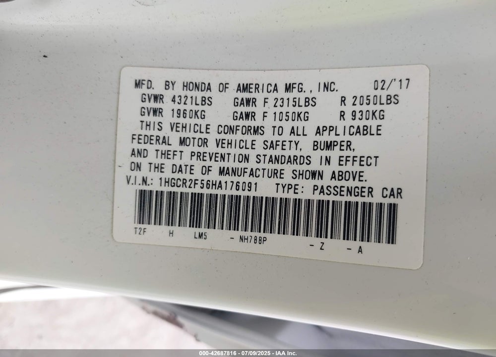 2017 HONDA ACCORD VIN: 1HGCR2F56HA176091