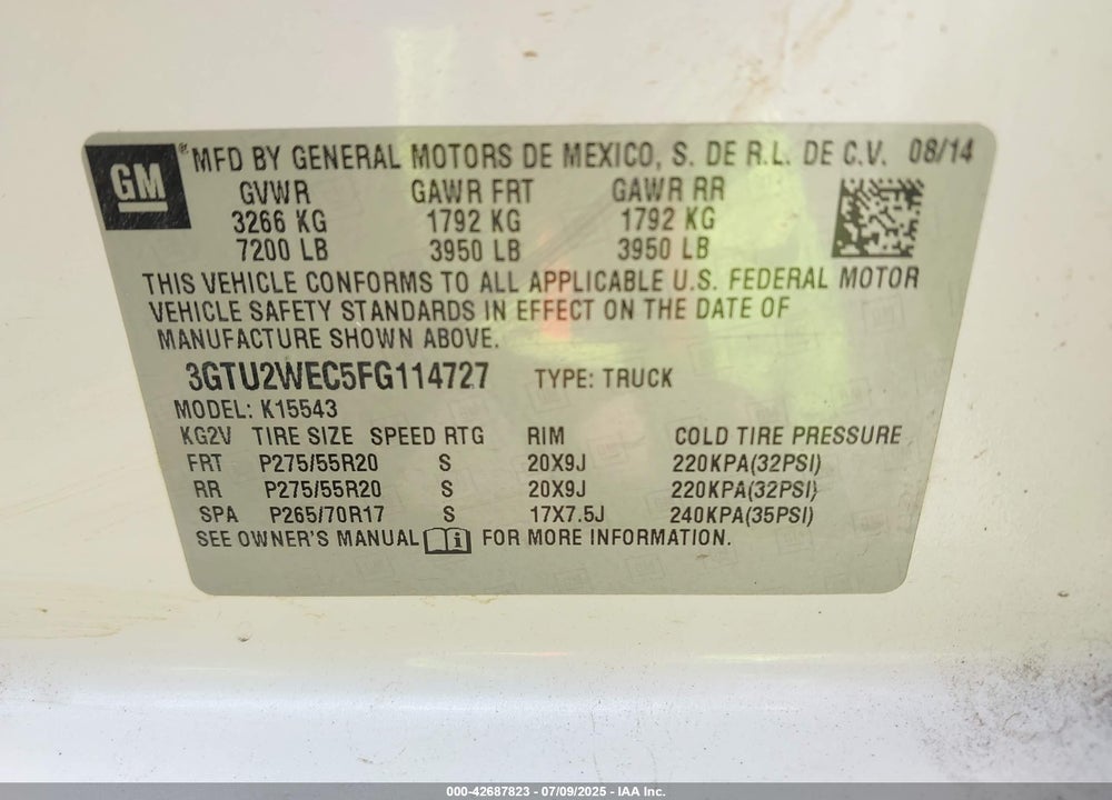 2015 GMC SIERRA 1500 VIN: 3GTU2WEC5FG114727