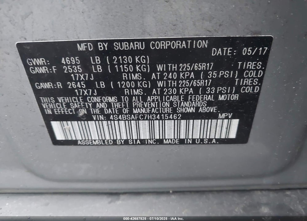 2017 SUBARU OUTBACK VIN: 4S4BSAFC7H3415462
