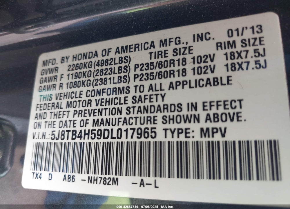 2013 ACURA RDX VIN: 5J8TB4H59DL017965