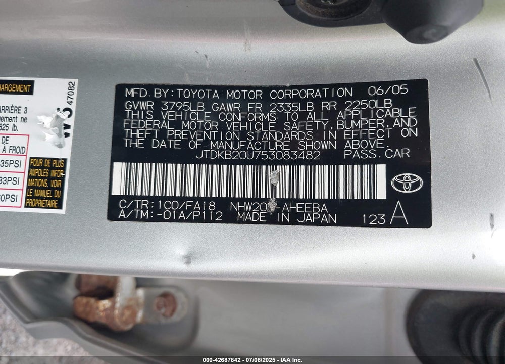 2005 TOYOTA PRIUS VIN: JTDKB20U753083482