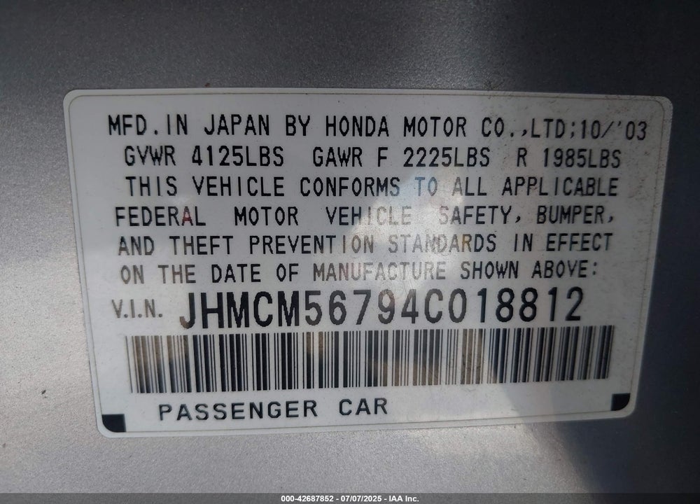 2004 HONDA ACCORD 2.4 EX VIN: JHMCM56794C018812