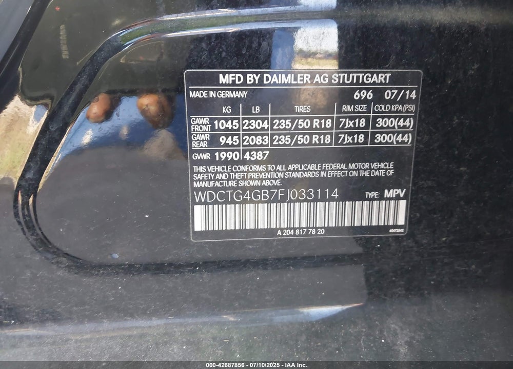 2015 MERCEDES-BENZ GLA-CLASS VIN: WDCTG4GB7FJ033114