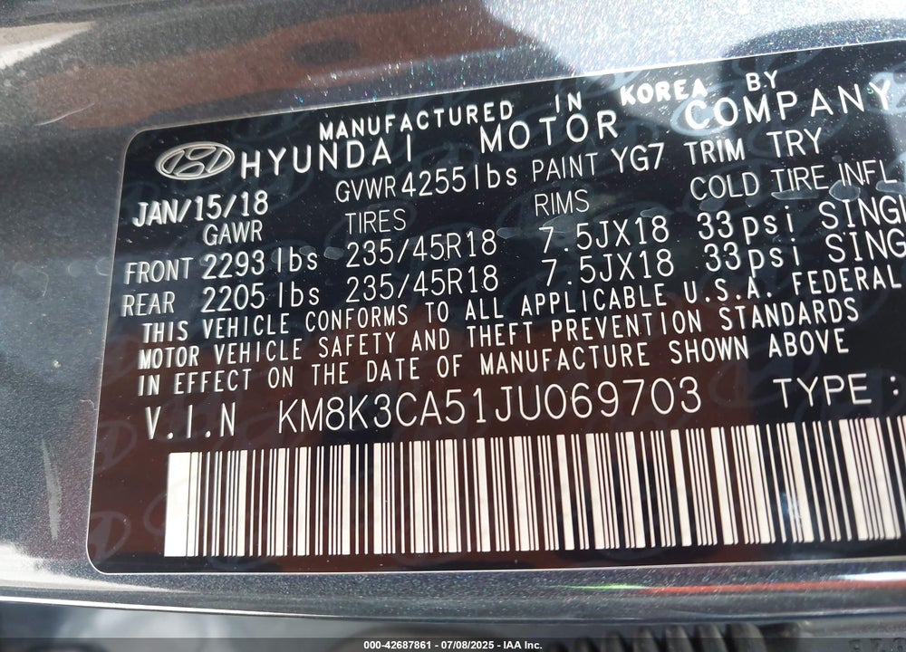 2018 HYUNDAI KONA LIMITED VIN: KM8K3CA51JU069703