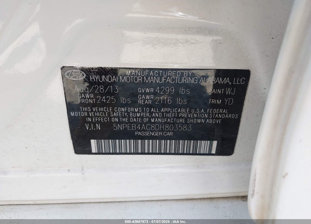 2013 HYUNDAI SONATA VIN: 5NPEB4AC8DH803583
