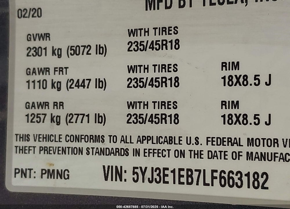 2020 TESLA MODEL 3 VIN: 5YJ3E1EB7LF663182