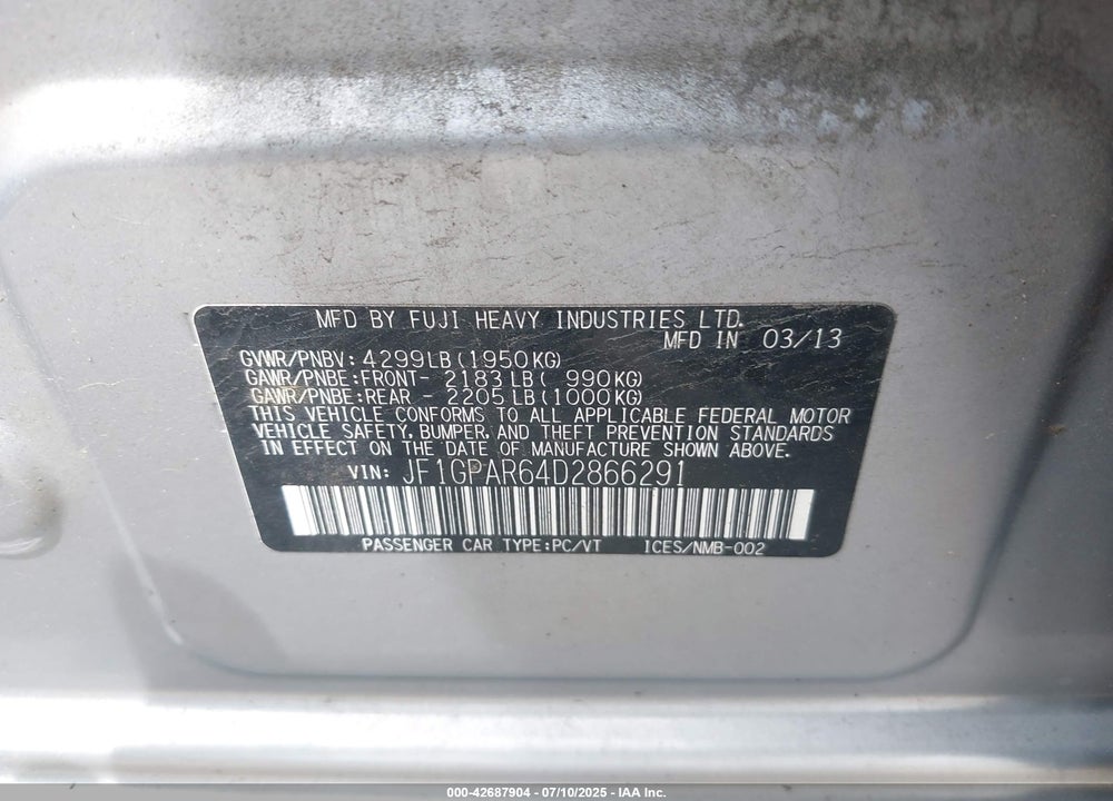 2013 SUBARU IMPREZA VIN: JF1GPAR64D2866291