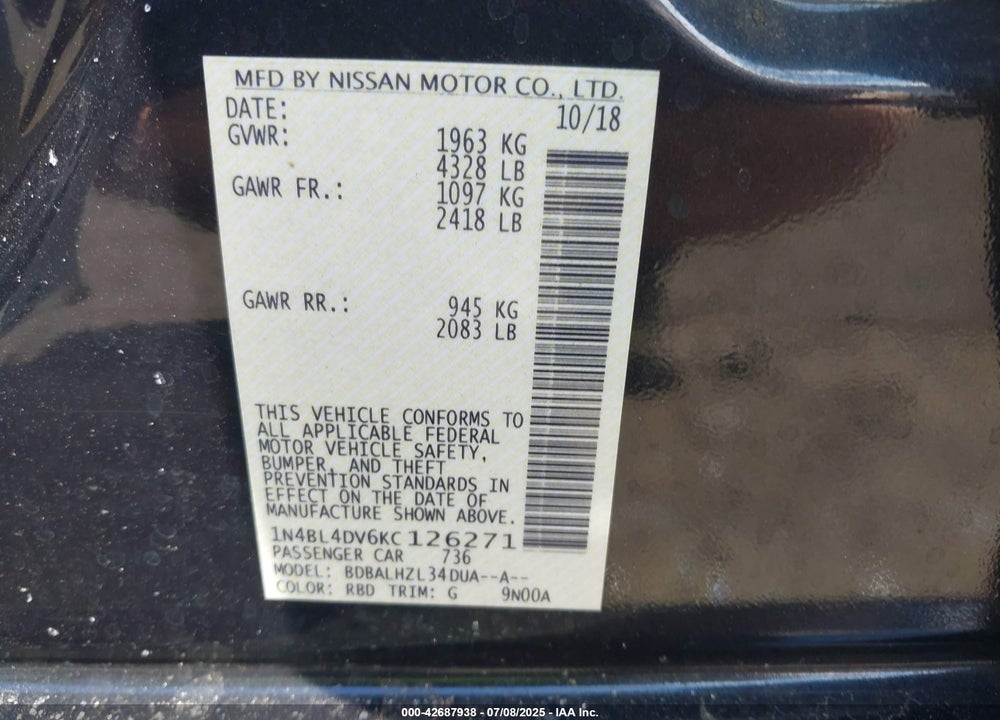 2019 NISSAN ALTIMA VIN: 1N4BL4DV6KC126271