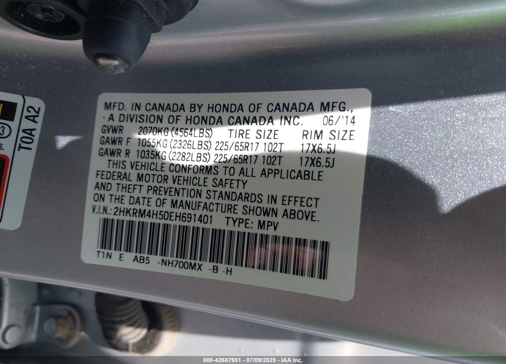 2014 HONDA CR-V EX VIN: 2HKRM4H50EH691401