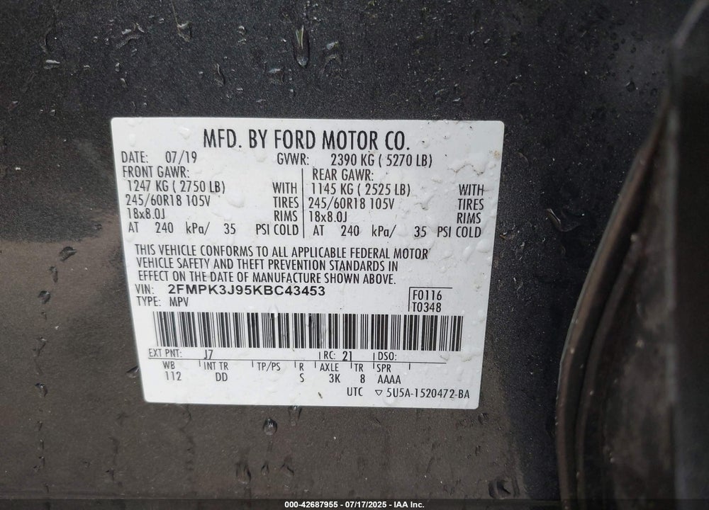 2019 FORD EDGE VIN: 2FMPK3J95KBC43453