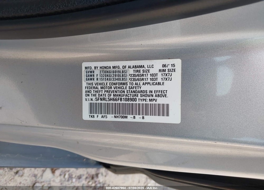 2015 HONDA ODYSSEY VIN: 5FNRL5H66FB108900