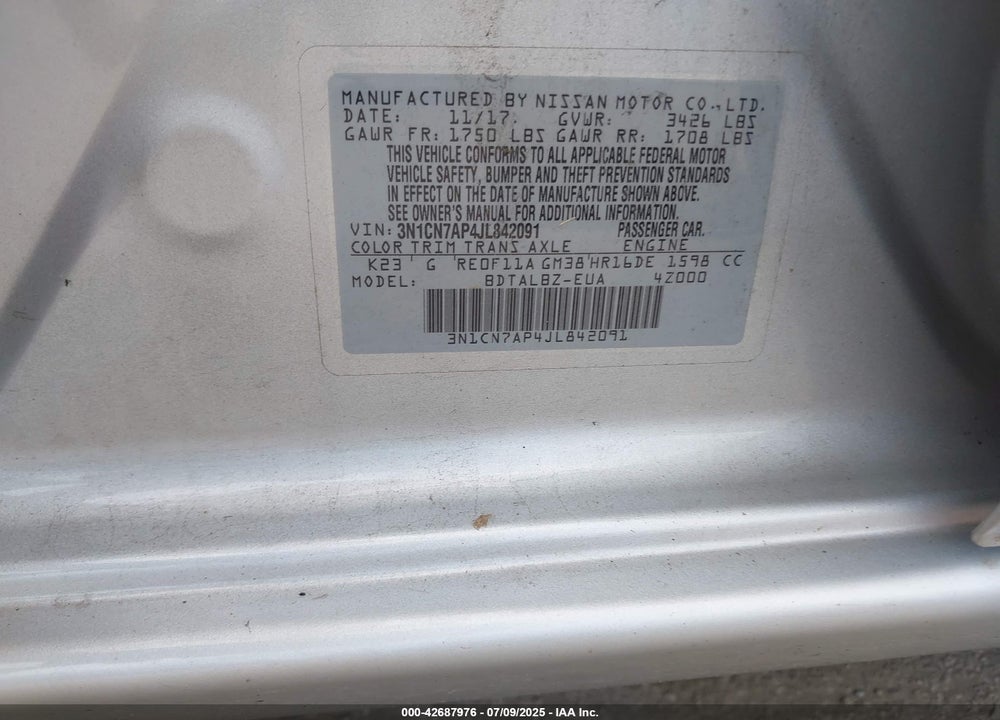 2018 NISSAN VERSA 1.6 SV VIN: 3N1CN7AP4JL842091