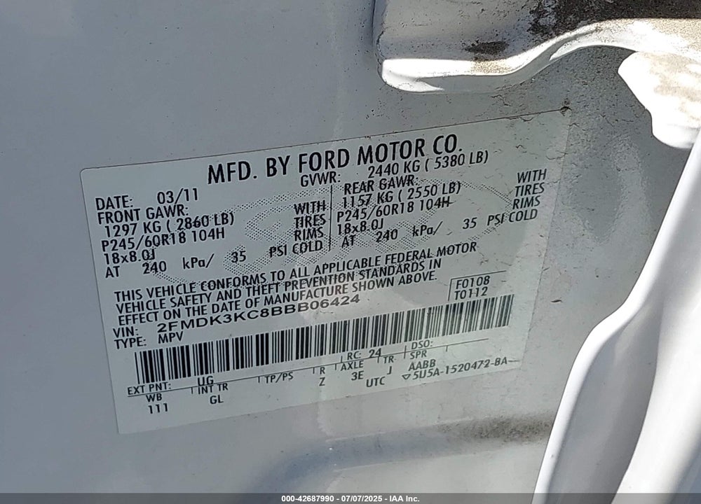 2011 FORD EDGE VIN: 2FMDK3KC8BBB06424