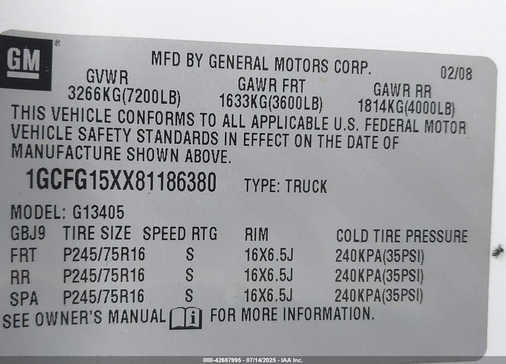 2008 CHEVROLET EXPRESS WORK VAN VIN: 1GCFG15XX81186380