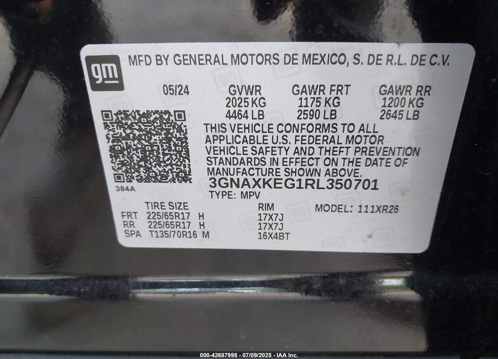 2024 CHEVROLET EQUINOX VIN: 3GNAXKEG1RL350701