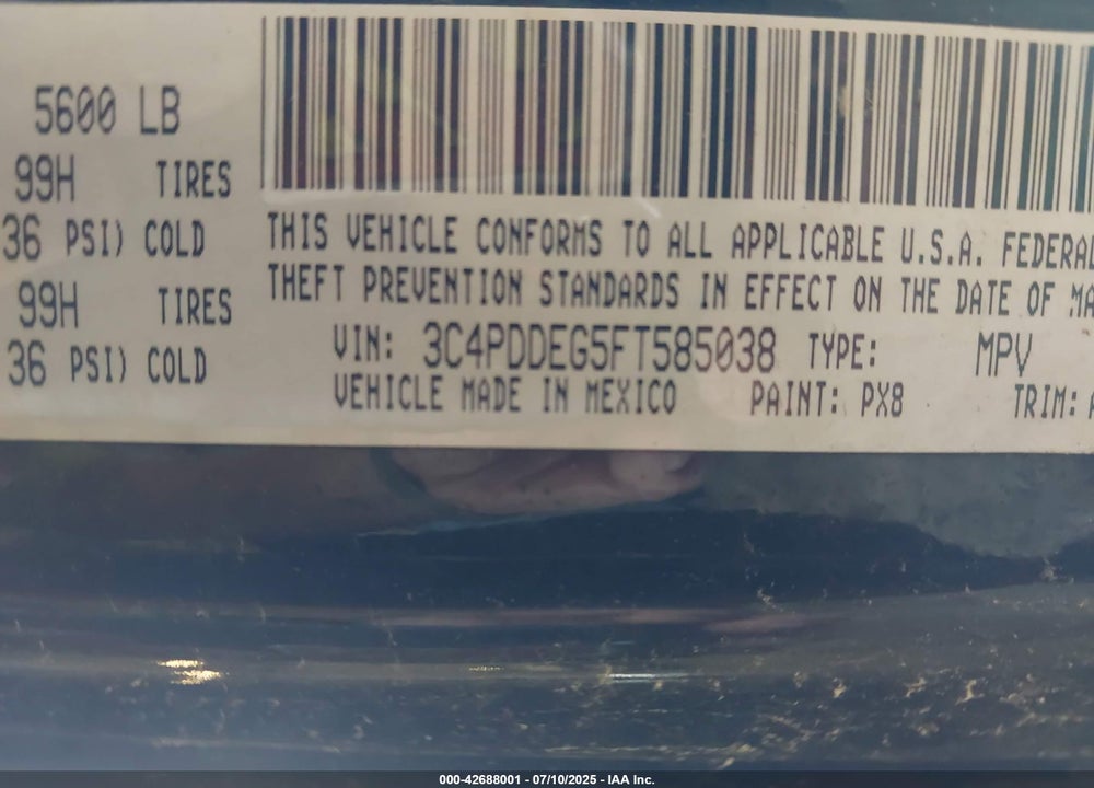 2015 DODGE JOURNEY VIN: 3C4PDDEG5FT585038