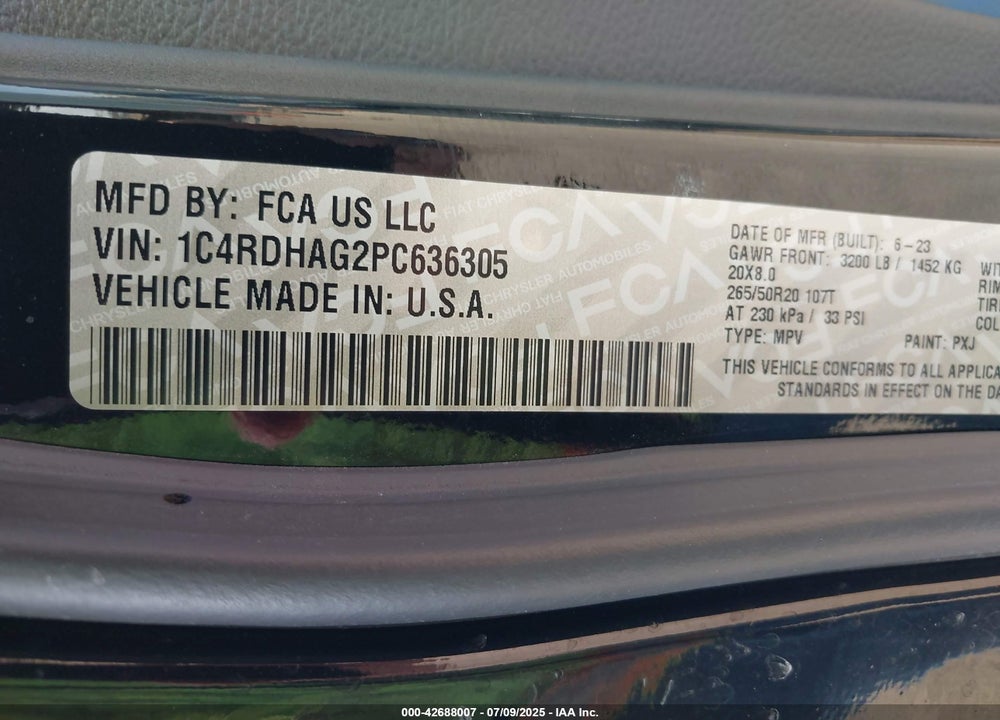 2023 DODGE DURANGO SXT PLUS RWD VIN: 1C4RDHAG2PC636305