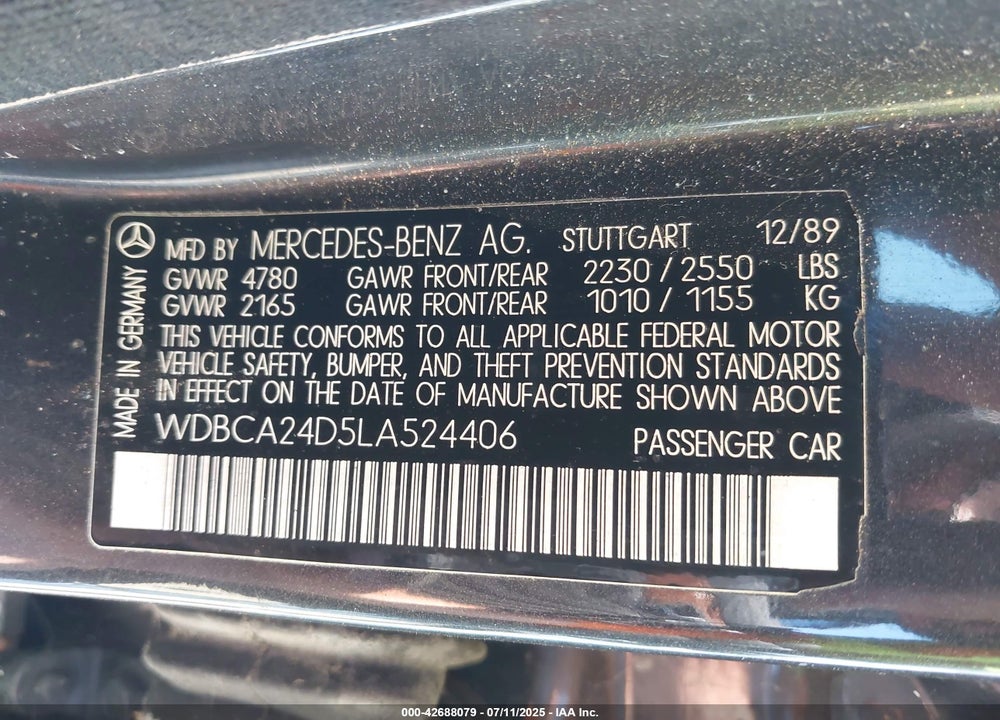 1990 MERCEDES-BENZ 300 SE VIN: WDBCA24D5LA524406