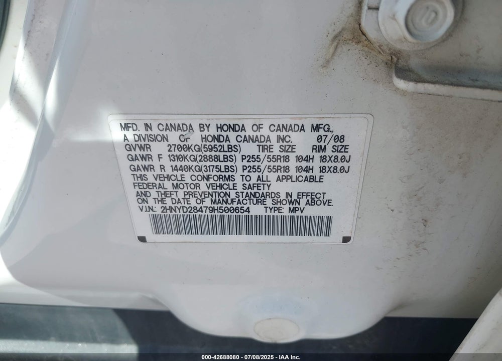 2009 ACURA MDX VIN: 2HNYD28479H500654