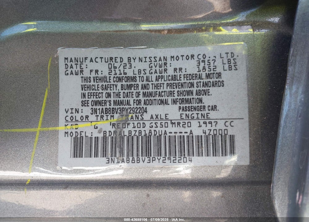 2023 NISSAN SENTRA VIN: 3N1AB8BV3PY292204
