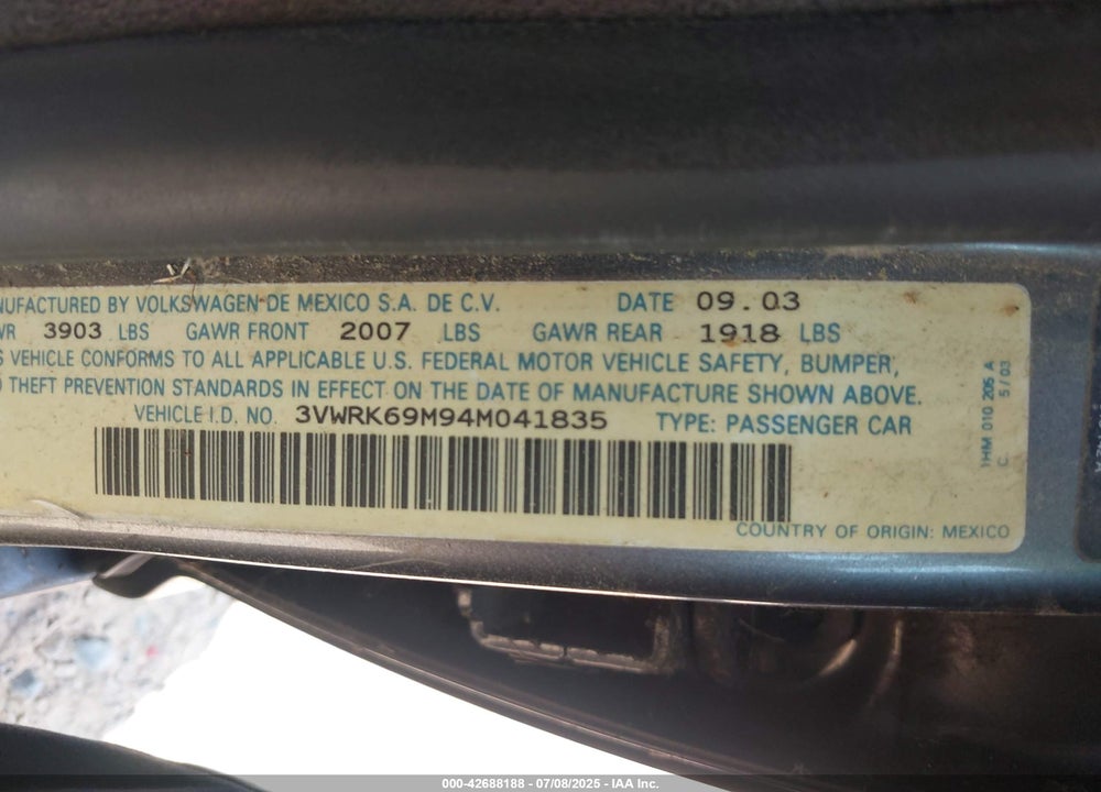 2004 VOLKSWAGEN JETTA GL VIN: 3VWRK69M94M041835