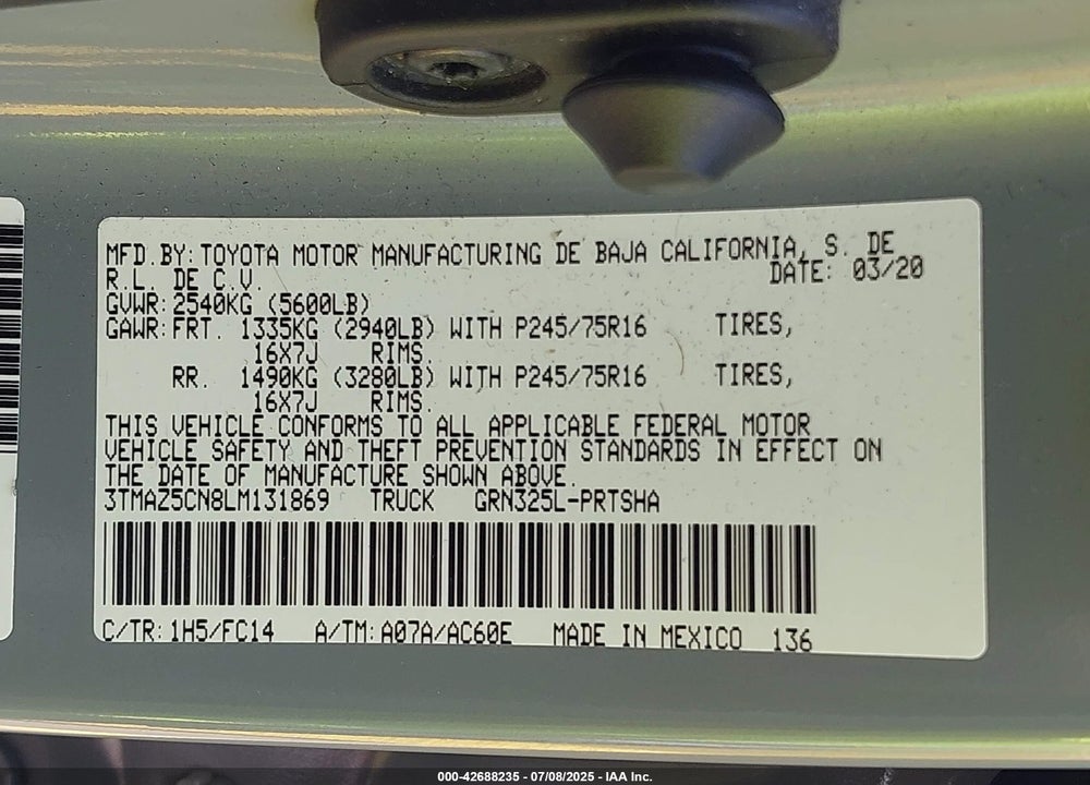 2020 TOYOTA TACOMA VIN: 3TMAZ5CN8LM131869