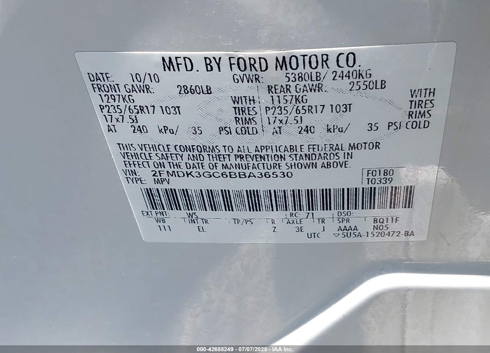 2011 FORD EDGE VIN: 2FMDK3GC6BBA36530