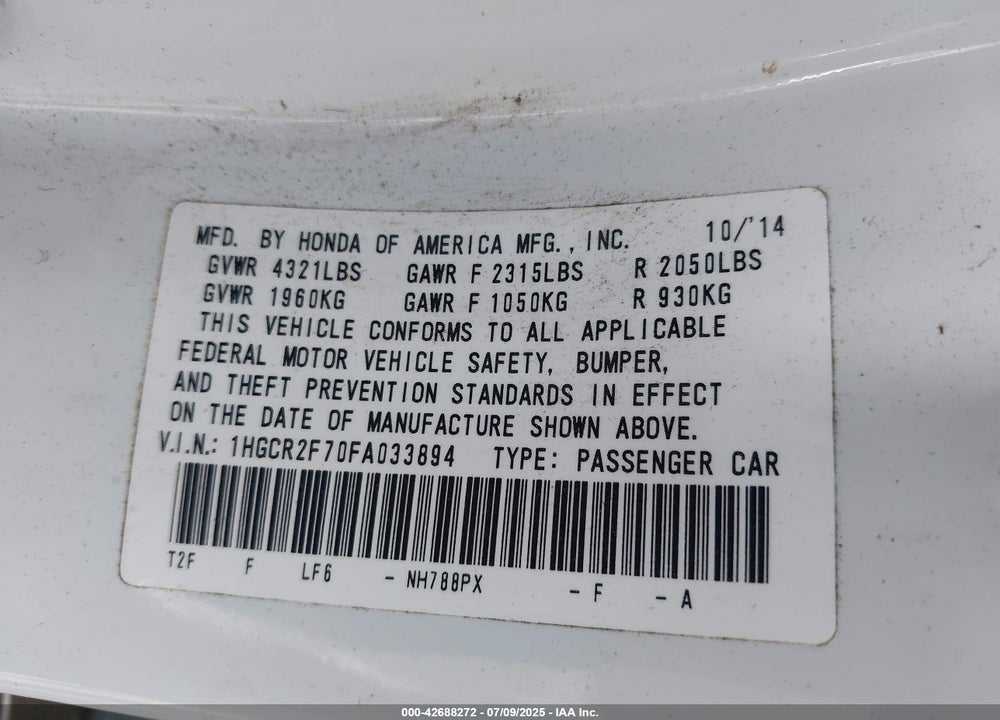 2015 HONDA ACCORD VIN: 1HGCR2F70FA033894