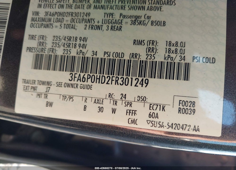 2015 FORD FUSION VIN: 3FA6P0HD2FR301249