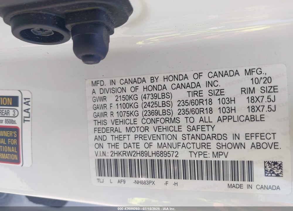2020 HONDA CR-V VIN: 2HKRW2H89LH689572