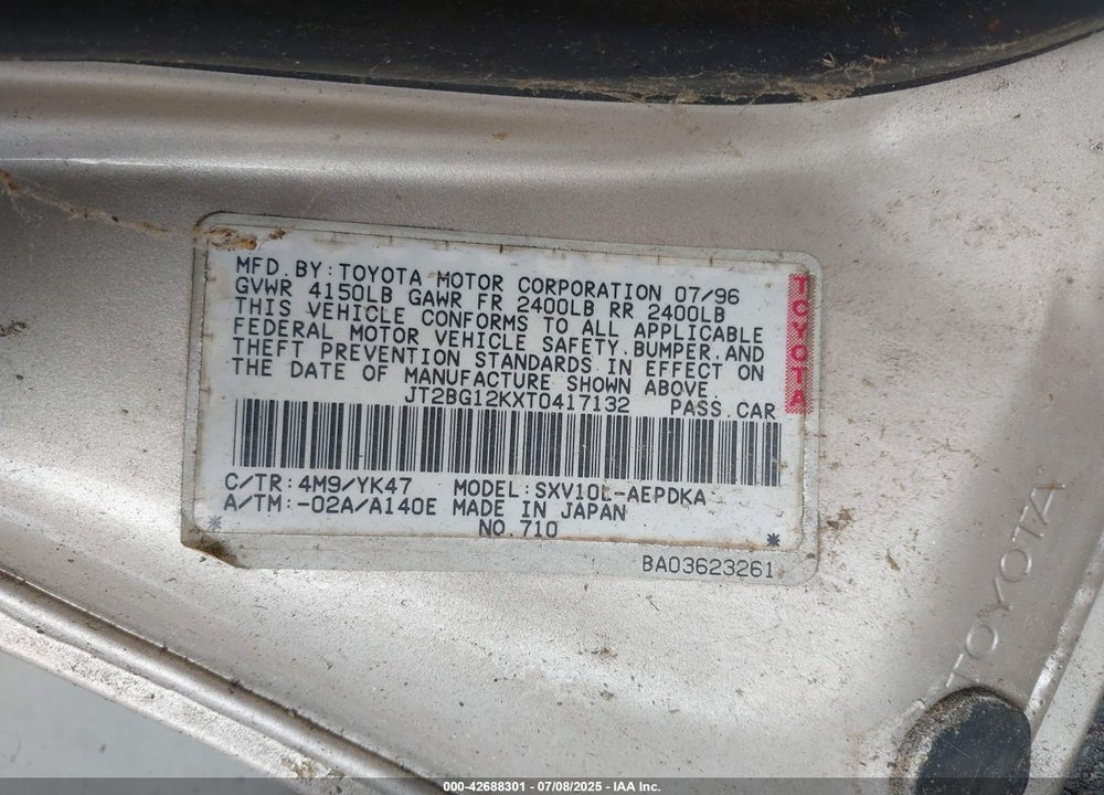 1996 TOYOTA CAMRY DX/LE/XLE VIN: JT2BG12KXT0417132