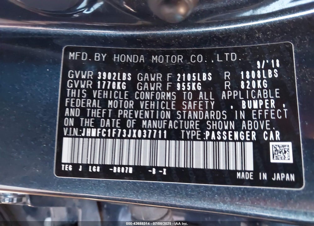 2018 HONDA CIVIC VIN: JHMFC1F73JX037711