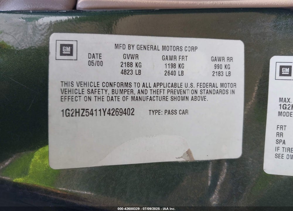 2000 PONTIAC BONNEVILLE SSEI VIN: 1G2HZ5411Y4269402