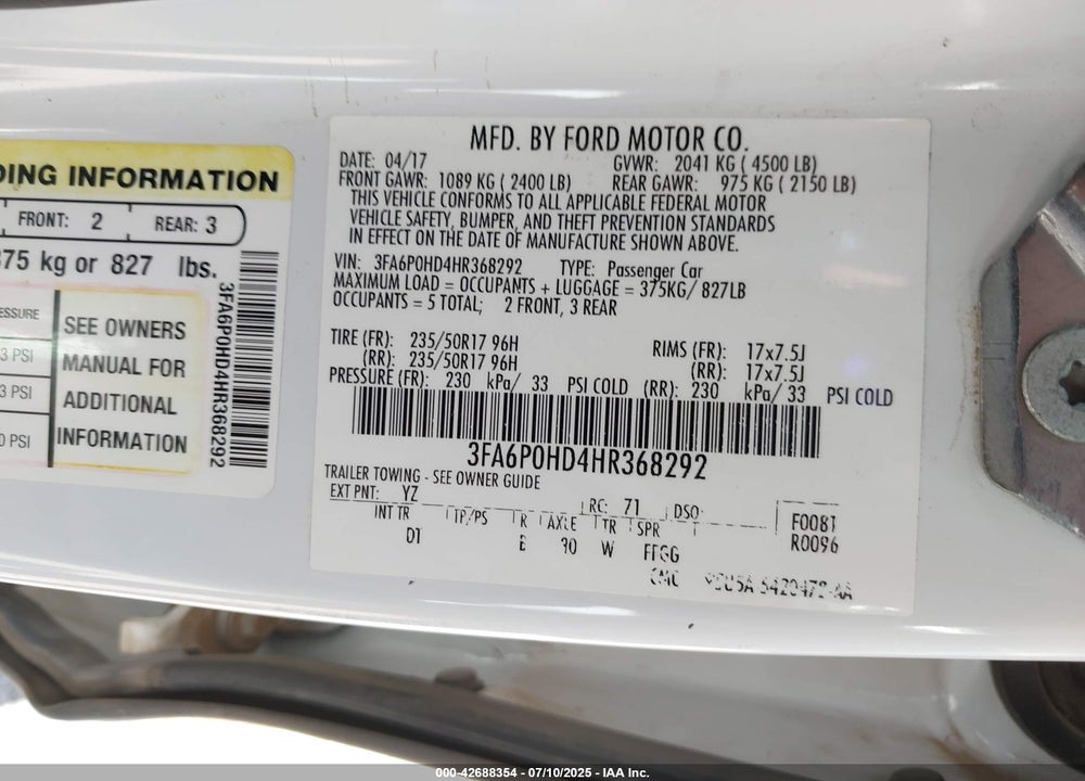 2017 FORD FUSION VIN: 3FA6P0HD4HR368292