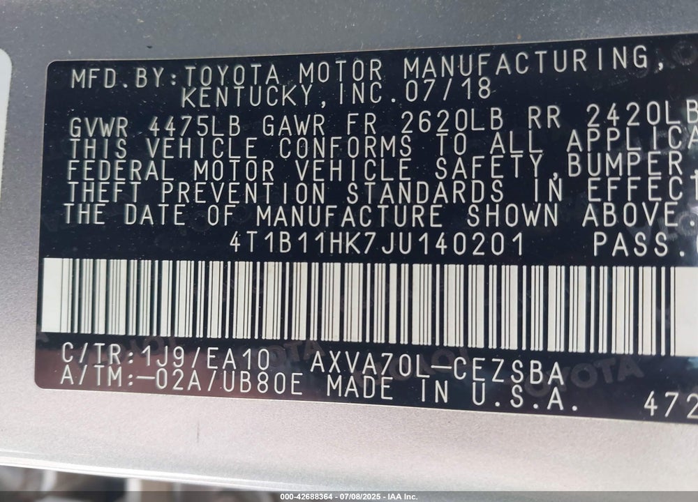 2018 TOYOTA CAMRY VIN: 4T1B11HK7JU140201