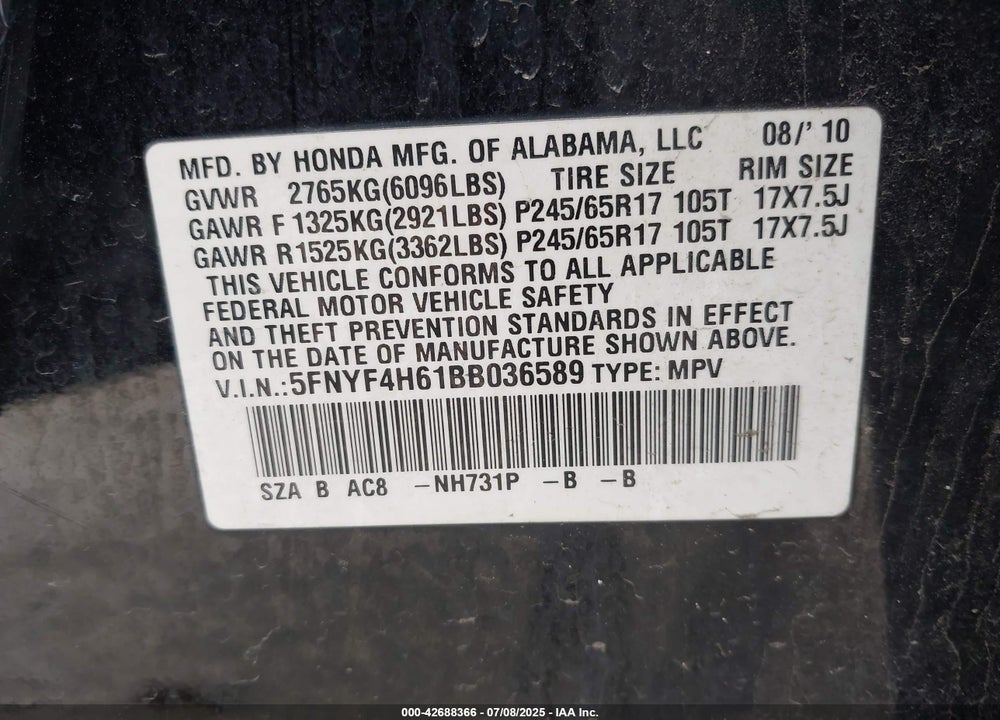 2011 HONDA PILOT VIN: 5FNYF4H61BB036589