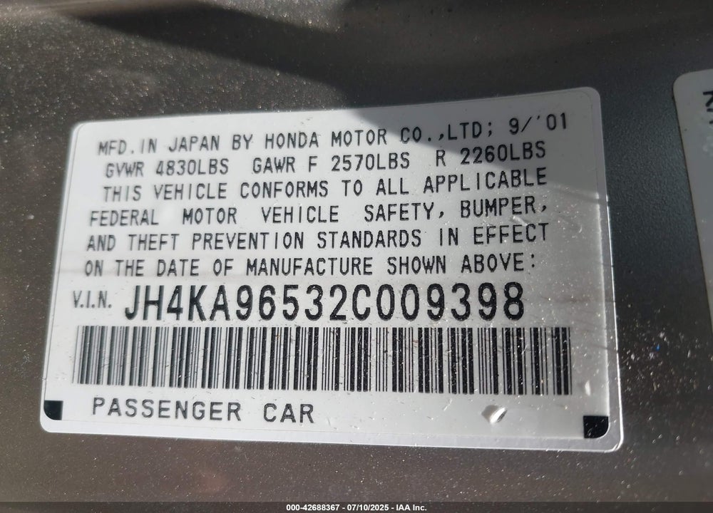 2002 ACURA RL 3.5 VIN: JH4KA96532C009398